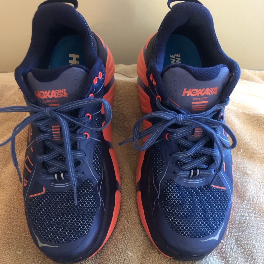 Hoka one one running shoes . Great treads still. Worn a few times .